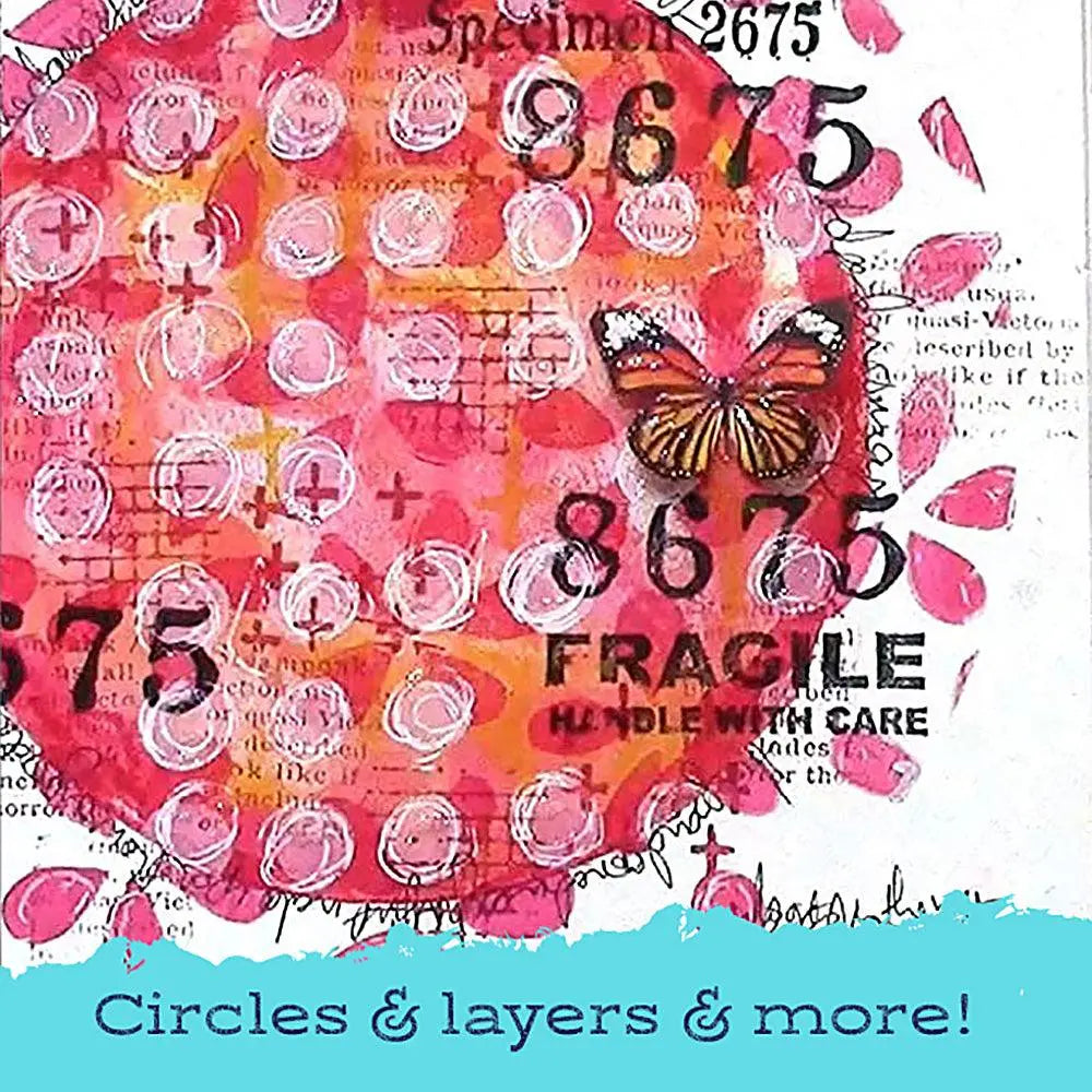 Gel Press sample artwork made with a round gel plate, a large pink circular print layered with stamped numbers and a butterfly, captioned Circles and layers and more