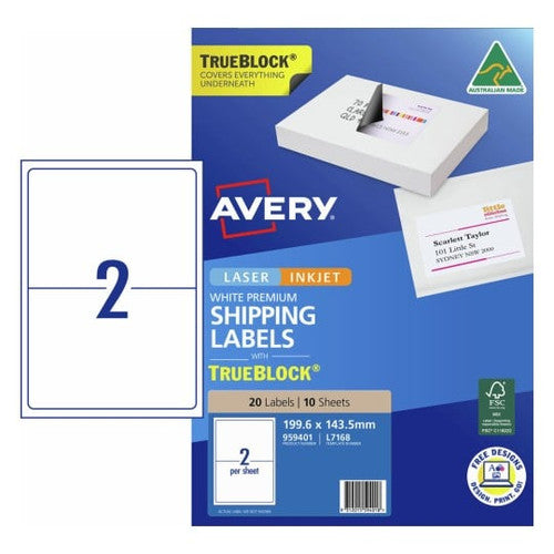 Avery White TrueBlock Internet Shipping Labels L7168 20 Pack 199.6 x 143.5mm 2UP