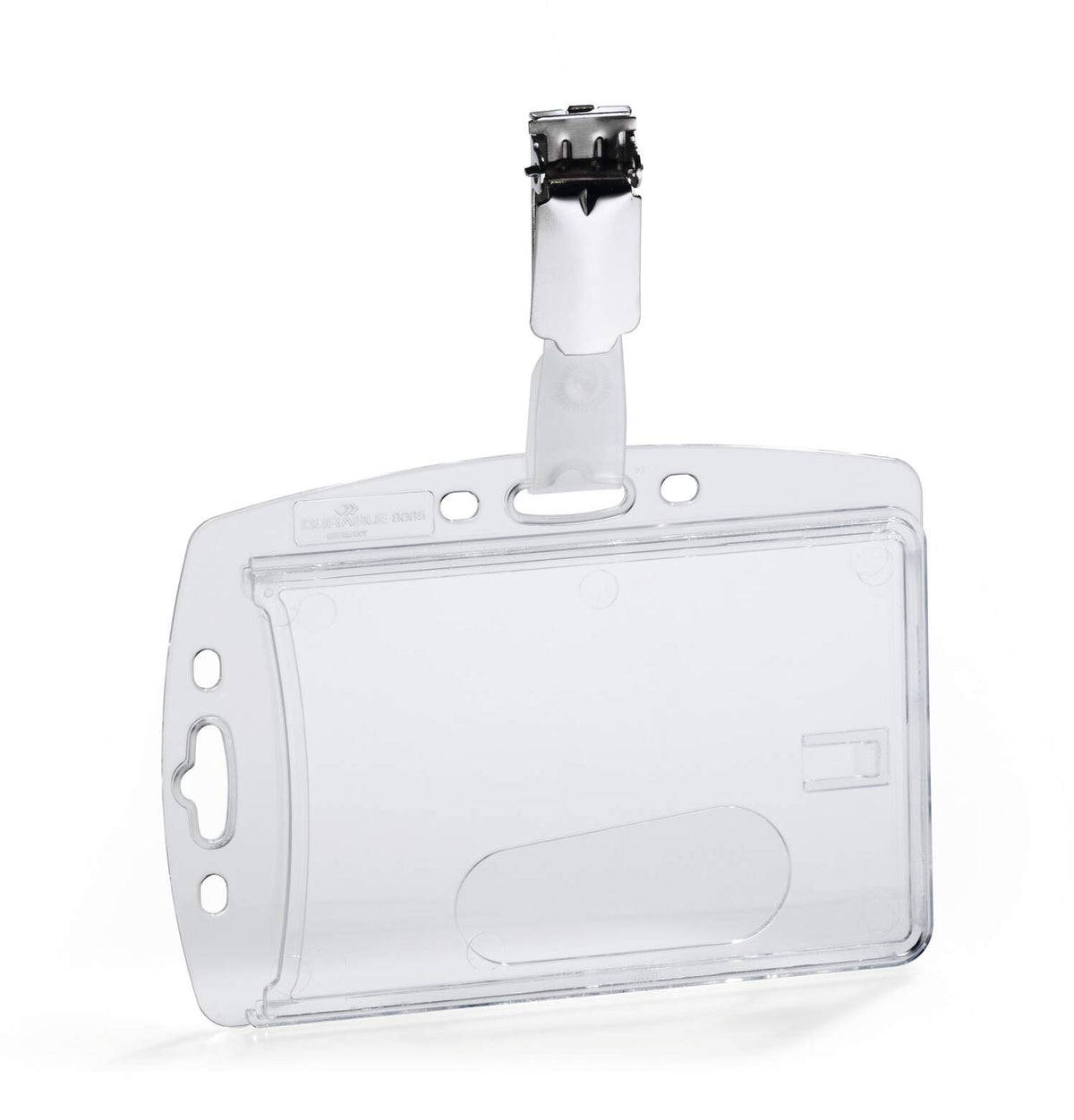 Durable enclosed clear card holder with rotating clip, empty, landscape view