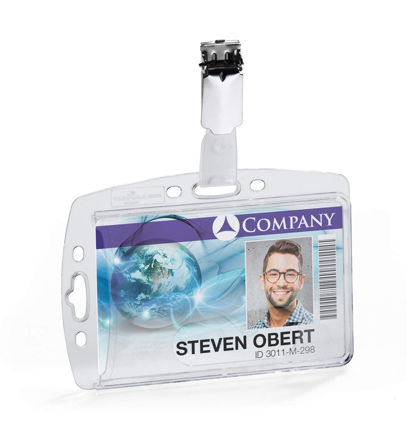Durable enclosed clear card holder with rotating clip holding a sample company ID card