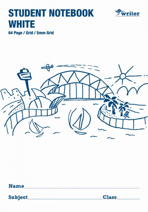 Student notebook cover with a 
bridge and sailboat illustration on a white background