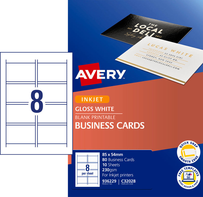 Avery White Quick and Clean Inkjet Business Card Gloss 220gsm 8UP