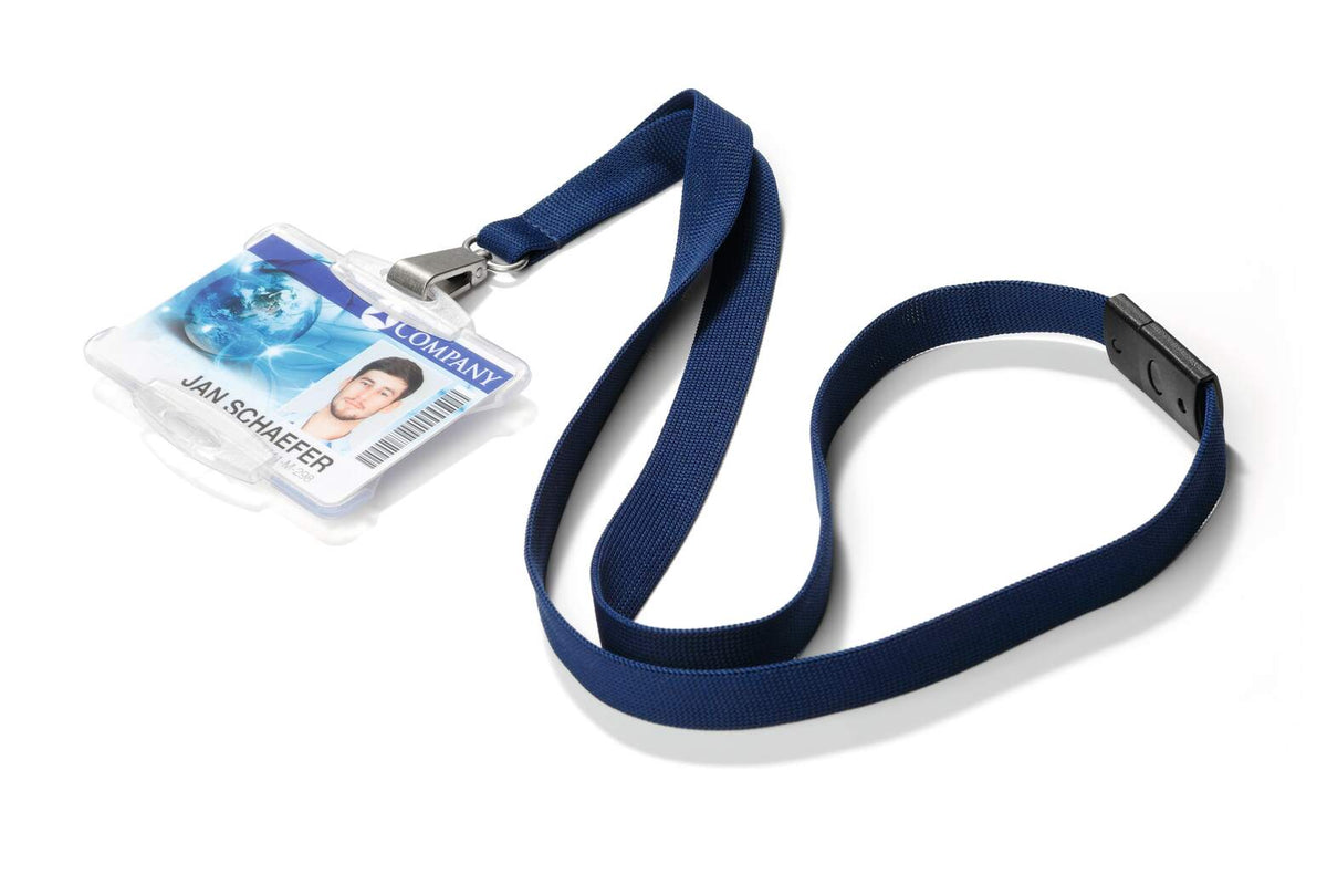 Midnight blue Durable lanyard attached to a clear card holder with a sample ID card