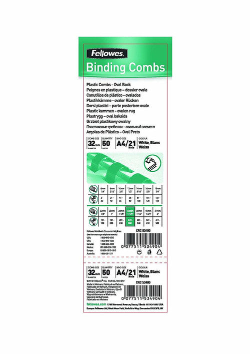 Fellowes Plastic Binding Combs 21 Ring 32mm Oval Black Pack 50