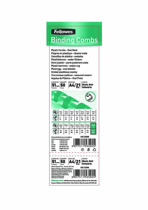 Fellowes Plastic Binding Combs 21 Ring 51mm Oval Black Pack 50