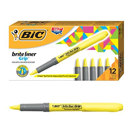 BIC 31255 Briteliner Grip Highlighter Pen Style Chisel Point Yellow Box of 12
