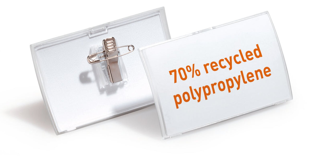 Durable Click Fold badge with combi clip and an insert reading 70% recycled polypropylene