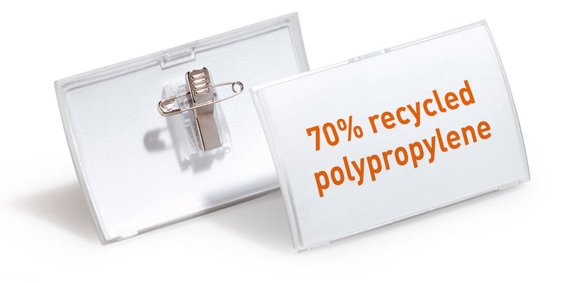 Durable Click Fold badge with combi clip and an insert reading 70% recycled polypropylene