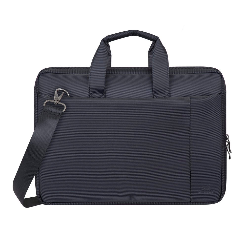 Rivacase 8231 Central Laptop Bag 15.6 Black - front view showing organiser pocket, dual zip pulls and padded handles