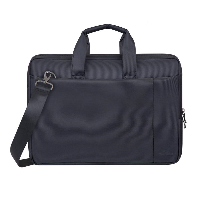 Rivacase 8231 Central Laptop Bag 15.6 Black - front view showing organiser pocket, dual zip pulls and padded handles