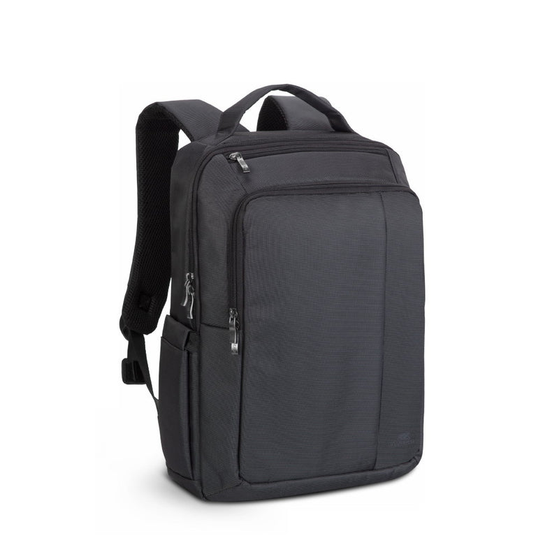 Rivacase 8262 Central Laptop Backpack 15.6 Black - front view showing compartments, front pockets and padded straps