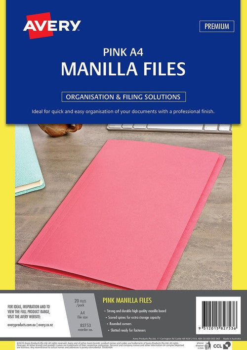 Avery Manilla File A4 Pink Pack 20