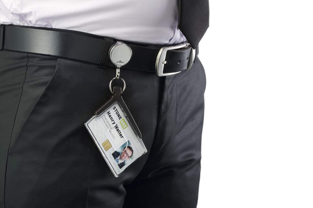 Deluxe Pro card holder on a chrome badge reel clipped to a belt, holding a staff photo pass