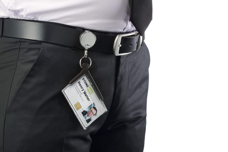 Deluxe Pro card holder on a chrome badge reel clipped to a belt, holding a staff photo pass