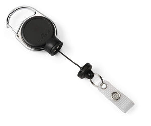 Durable Extra Strong badge reel in black with metal clip, keyring and snap button strap, cord slightly extended