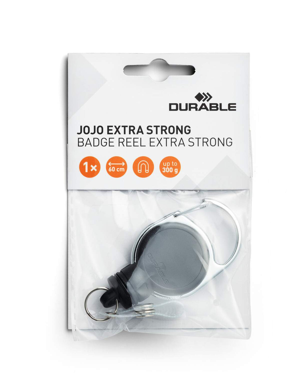 Durable Extra Strong badge reel in its retail bag, printed with 60 cm and up to 300 g icons