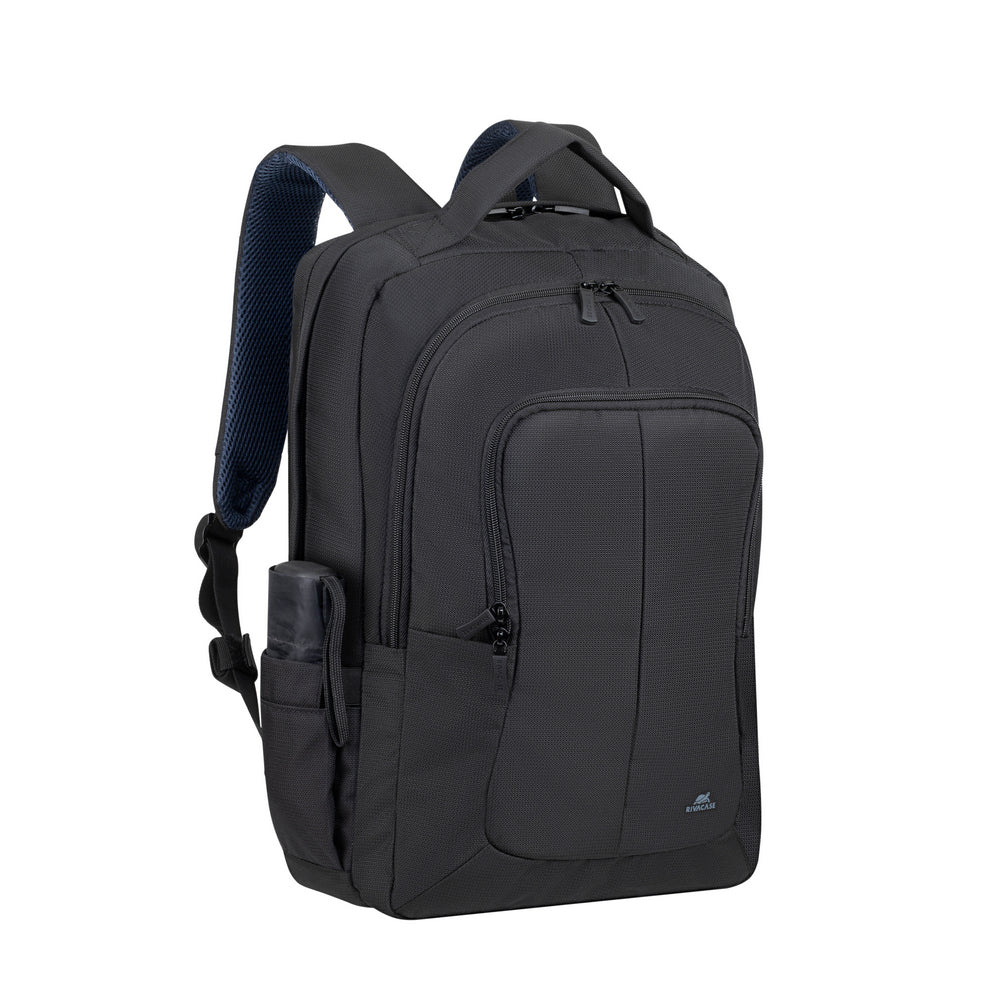 Rivacase 8460 Tegel ECO Bulker Backpack 23L Black - front showing dual front pockets and water bottle side pockets