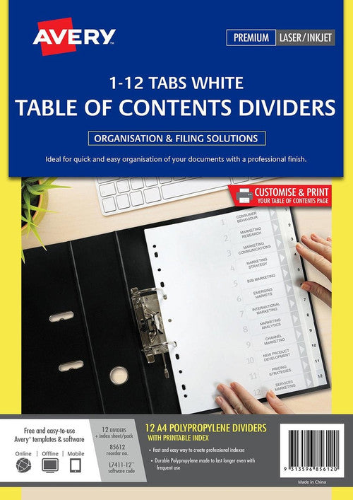 Avery Divider 1-12 Index Tabs A4 White