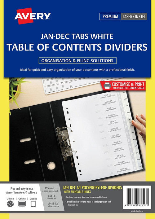 Avery Divider Jan-Dec Index Tabs A4 White