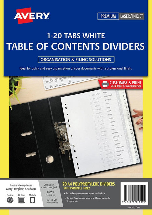 Avery Divider 1-20 Index Tabs A4 White