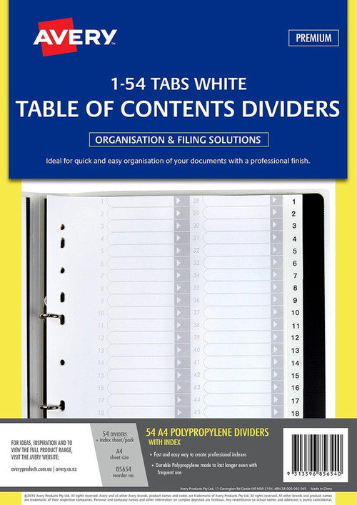 Avery Divider 1-54 Index Tabs A4 White