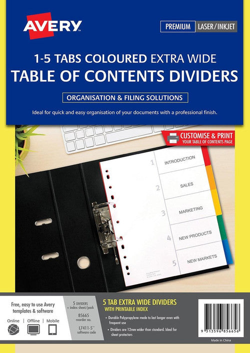 Avery Multi-Coloured Extra Wide Polypropylene Dividers 5 Tabs