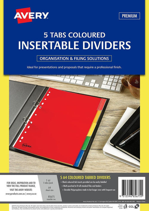 Avery Multi-Coloured Polypropylene Insertable Dividers 5 Tabs