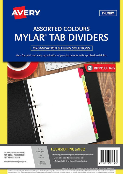 Avery Fluorescent Mylar Tab Dividers Jan-Dec Index