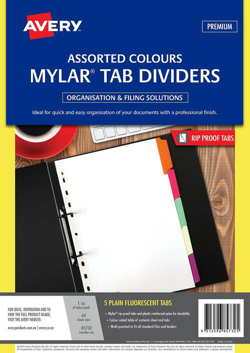 Avery Divider Mylar 5 Tabs A4 Fluorescent Multi Colours