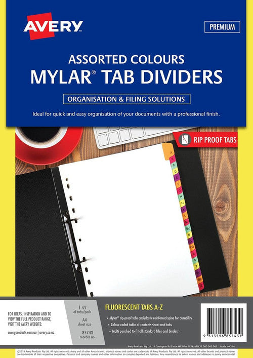 Avery Fluorescent Mylar Tab Dividers A-Z Index