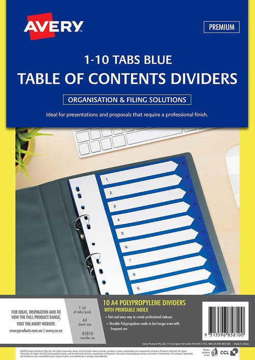 Avery Divider 1-10 Index Tabs A4 Blue