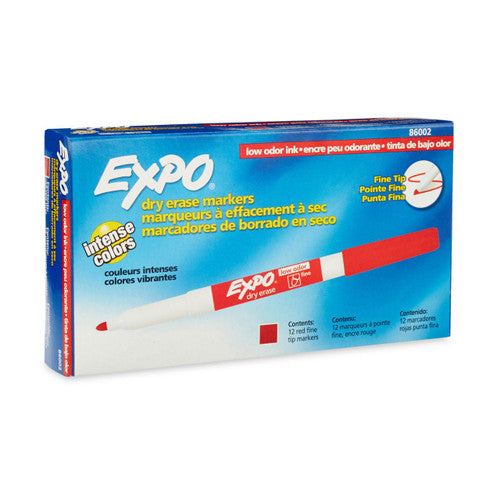 Expo 86002 Low Odour Dry Erase Markers Fine Tip Red Box 12