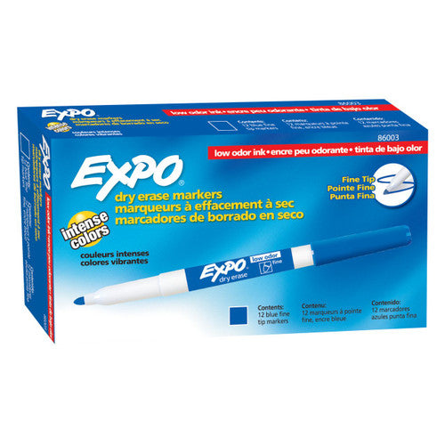 Expo 86003 Low Odour Dry Erase Markers Fine Tip Blue Box 12