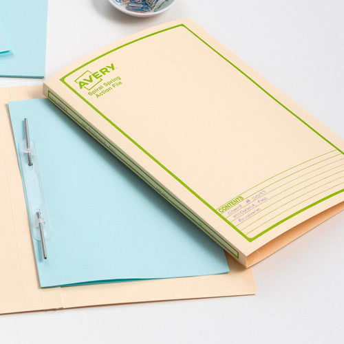 Avery Buff Spiral Spring Action File Green Print Foolscap 25 Pack
