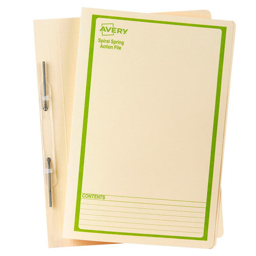 Avery Buff Spiral Spring Action File Green Print Foolscap 25 Pack