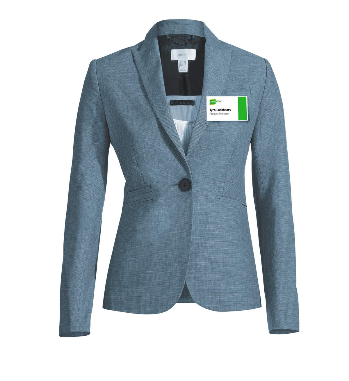 Name badge worn on the breast pocket of a grey-blue jacket