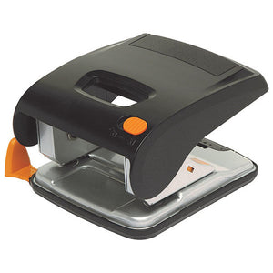 Black low force two hole punch with a silver base, orange lock slide and orange paper guide, three quarter view