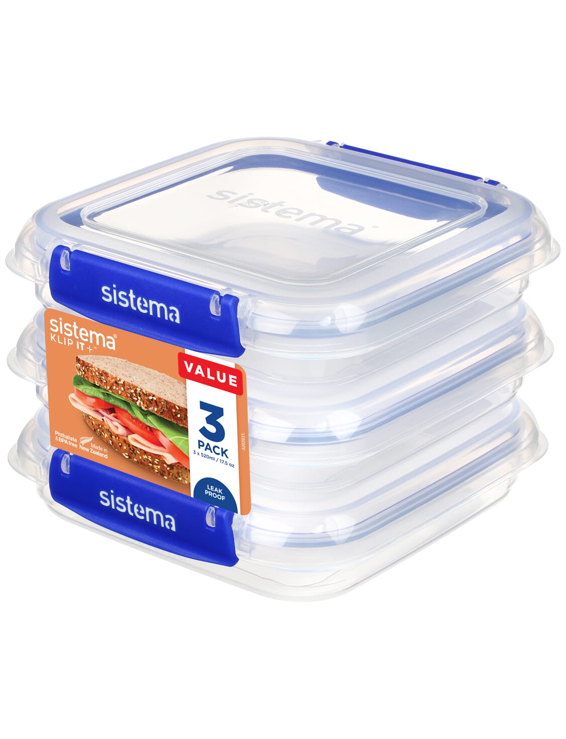 Sistema Klip It Plus 520ml square containers 3 pack