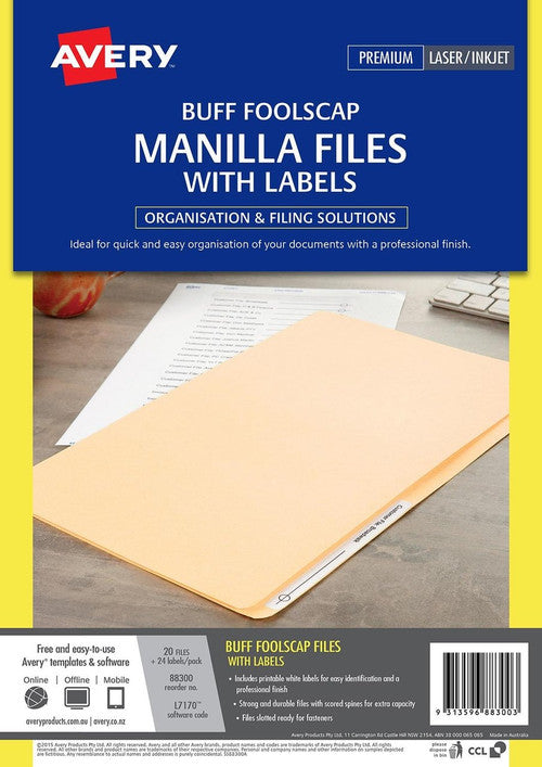 Avery Buff Manilla File with 1 Sheet of 24 Laser File Title Labels Foolscap 20 Pack