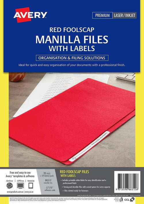 Avery Red Manilla File with 1 Sheet of 24 Laser File Title Labels Foolscap 20 Pack