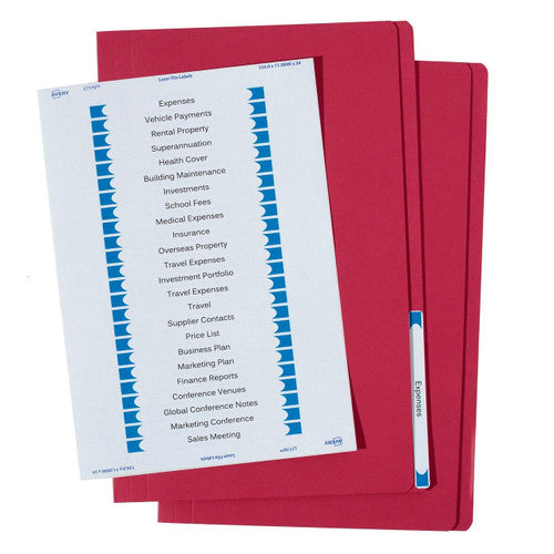 Avery Red Manilla File with 1 Sheet of 24 Laser File Title Labels Foolscap 20 Pack