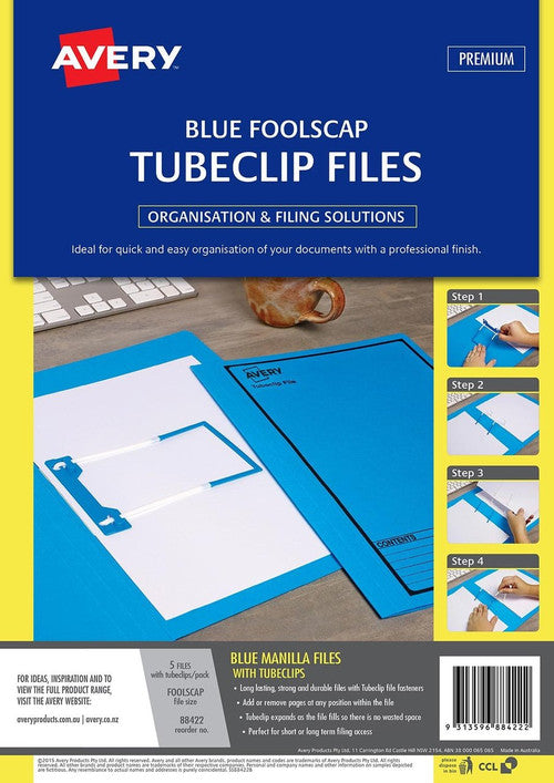 Avery Blue Tubeclip File Black Print Foolscap 5 Pack
