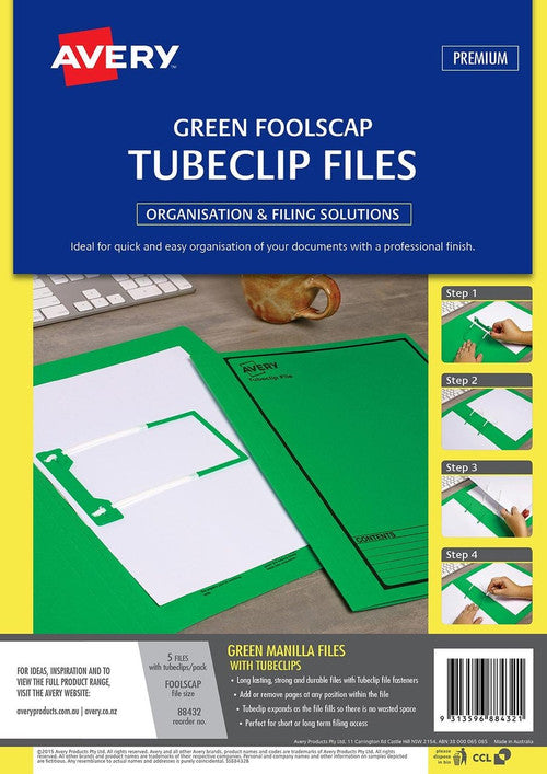 Avery Green Tubeclip File Black Print Foolscap 5 Pack