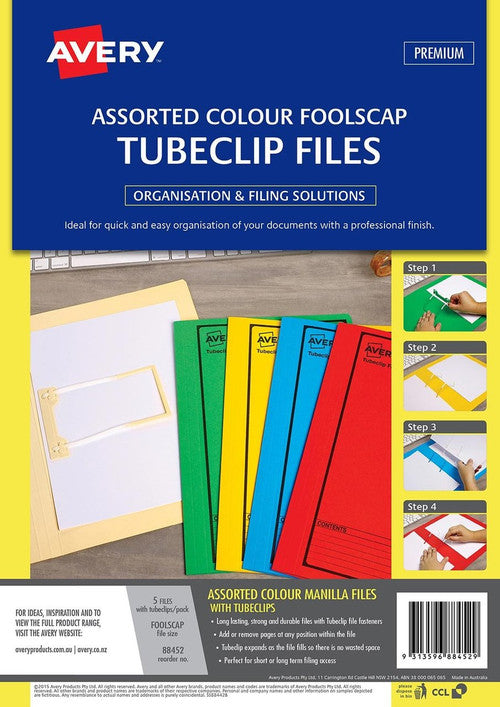 Avery Assorted Colour Tubeclip File Black Print Foolscap 5 Pack