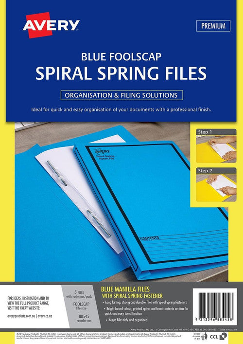 Avery Blue Spiral Spring Action File Black Print Foolscap 5 Pack