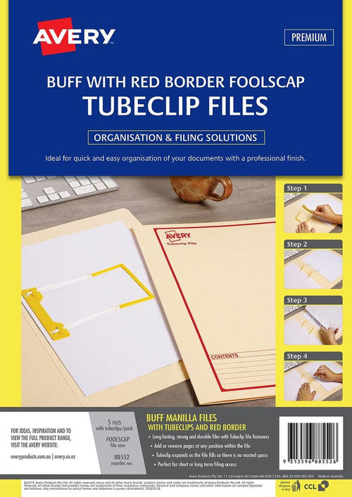Avery Buff Tubeclip File Red Print Foolscap 5 Pack