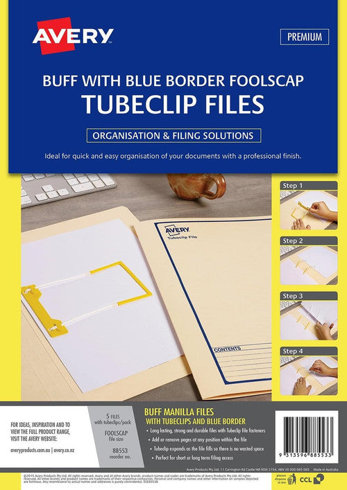 Avery Buff Tubeclip File Blue Print Foolscap 5 Pack