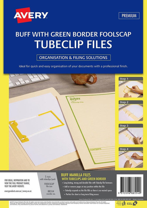 Avery Buff Tubeclip File Green Print Foolscap 5 Pack