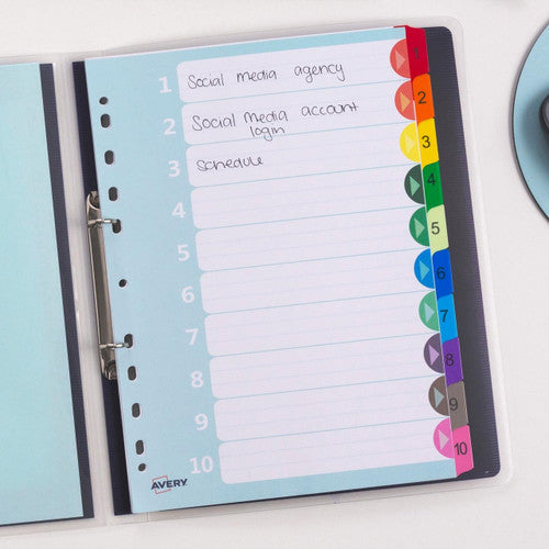 Avery Divider Mylar 1-10 Index Tabs A4 Rainbow