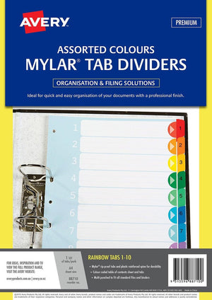 Avery Divider Mylar 1-10 Index Tabs A4 Rainbow